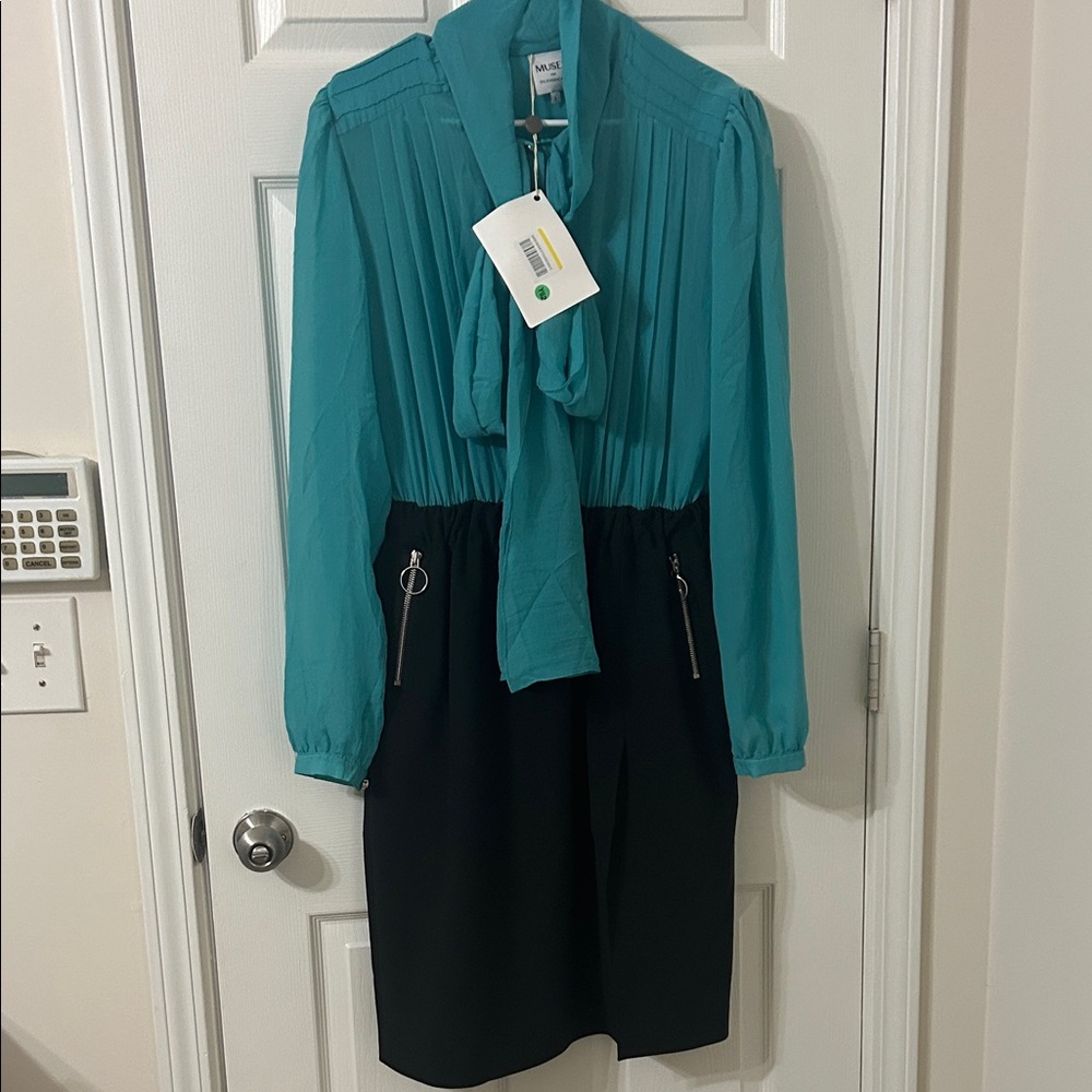 Elegant Teal and Black Long Sleeve Dress